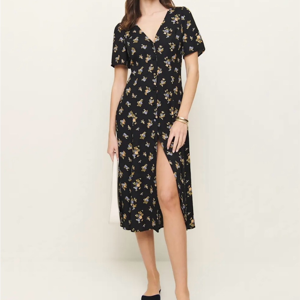 Reformation Black and Yellow Floral Midi Dress